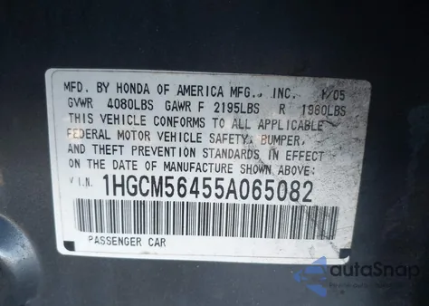 2005 Honda Accord 2.4 Lx из США, поврежденный, VIN 1HGCM56455A065082